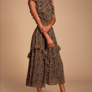 Evalina mustard yellow floral print mock neck midi dress from LuLus